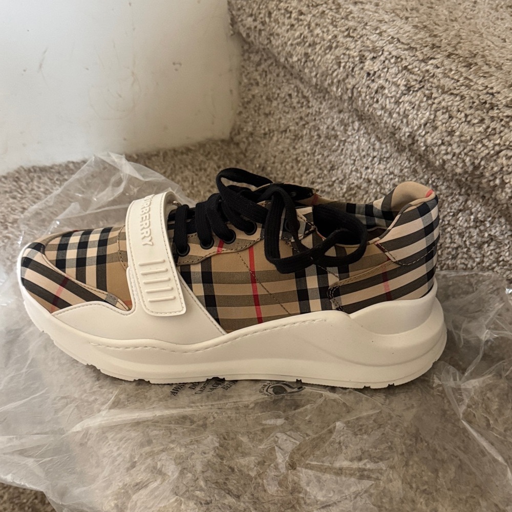Burberry Beige and Black Plaid Sneakers
